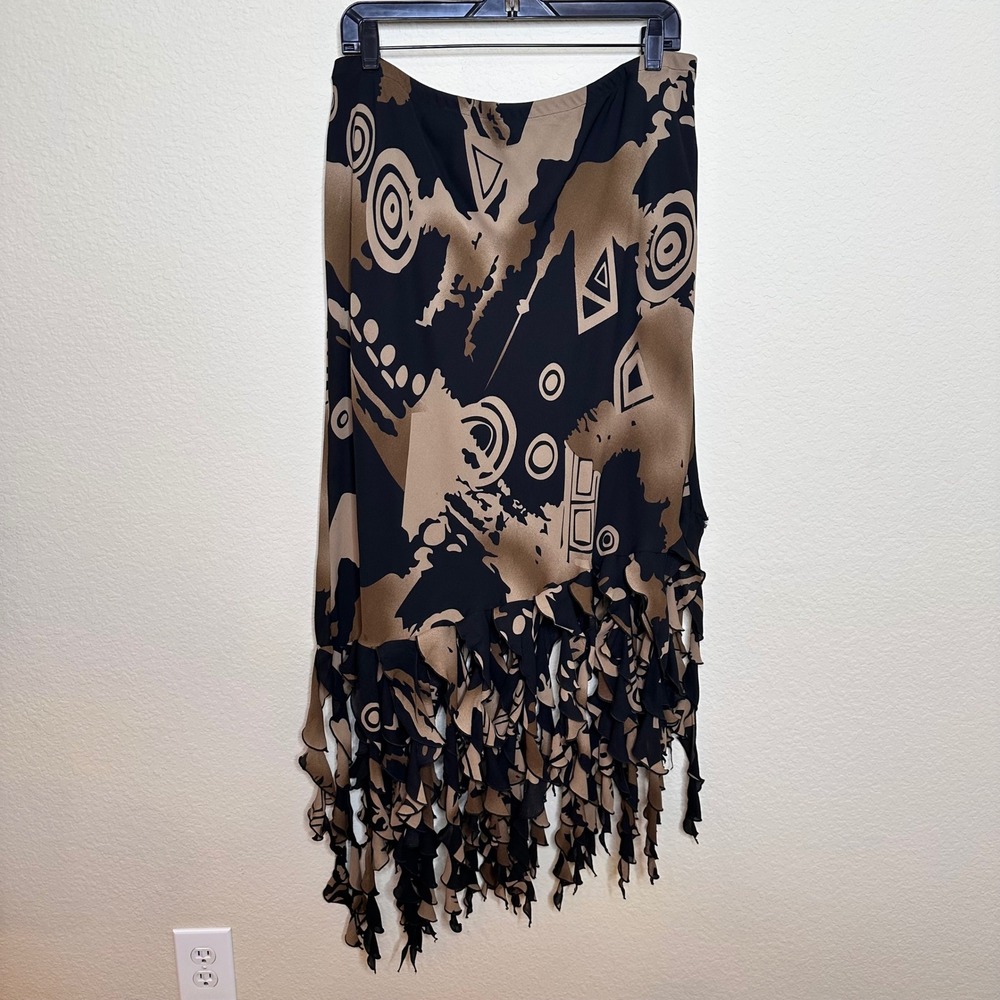 Dress-U-I by Sharon Black Tan Abstract Geometric Fringe Hem Midi Skirt Unique 1X
